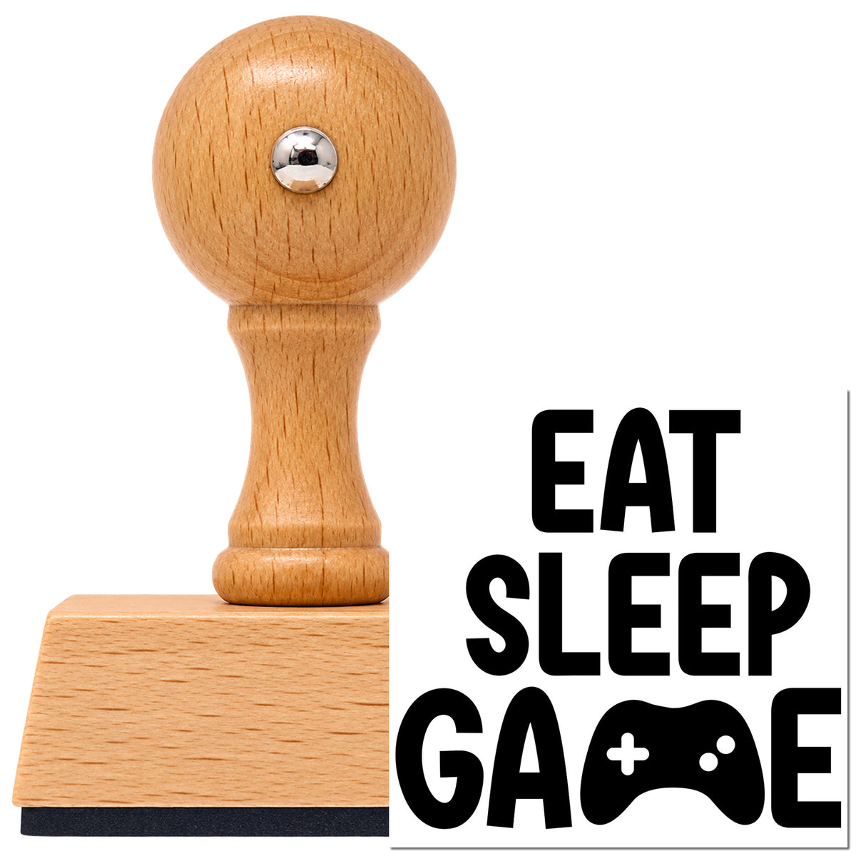 Vintage Pro beech wood stamp with a round knob handle, shown with its black Eat Sleep Game Controller imprint on white.