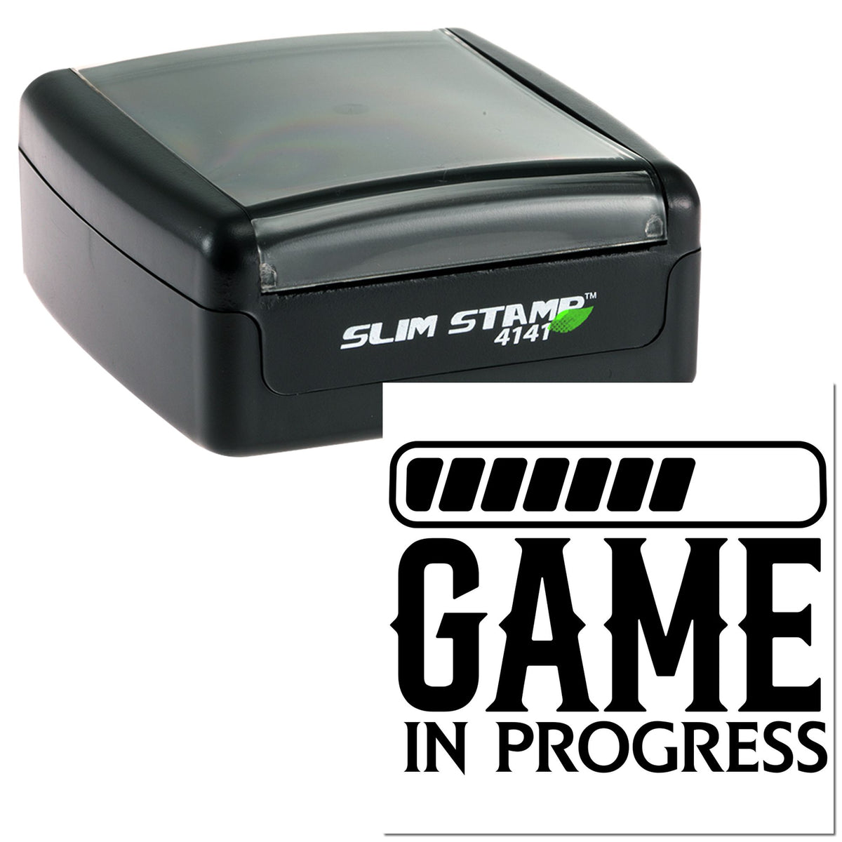 Black Slim Stamp 4141 self-inking stamp with gray translucent cover and bold black GAME IN PROGRESS seal.