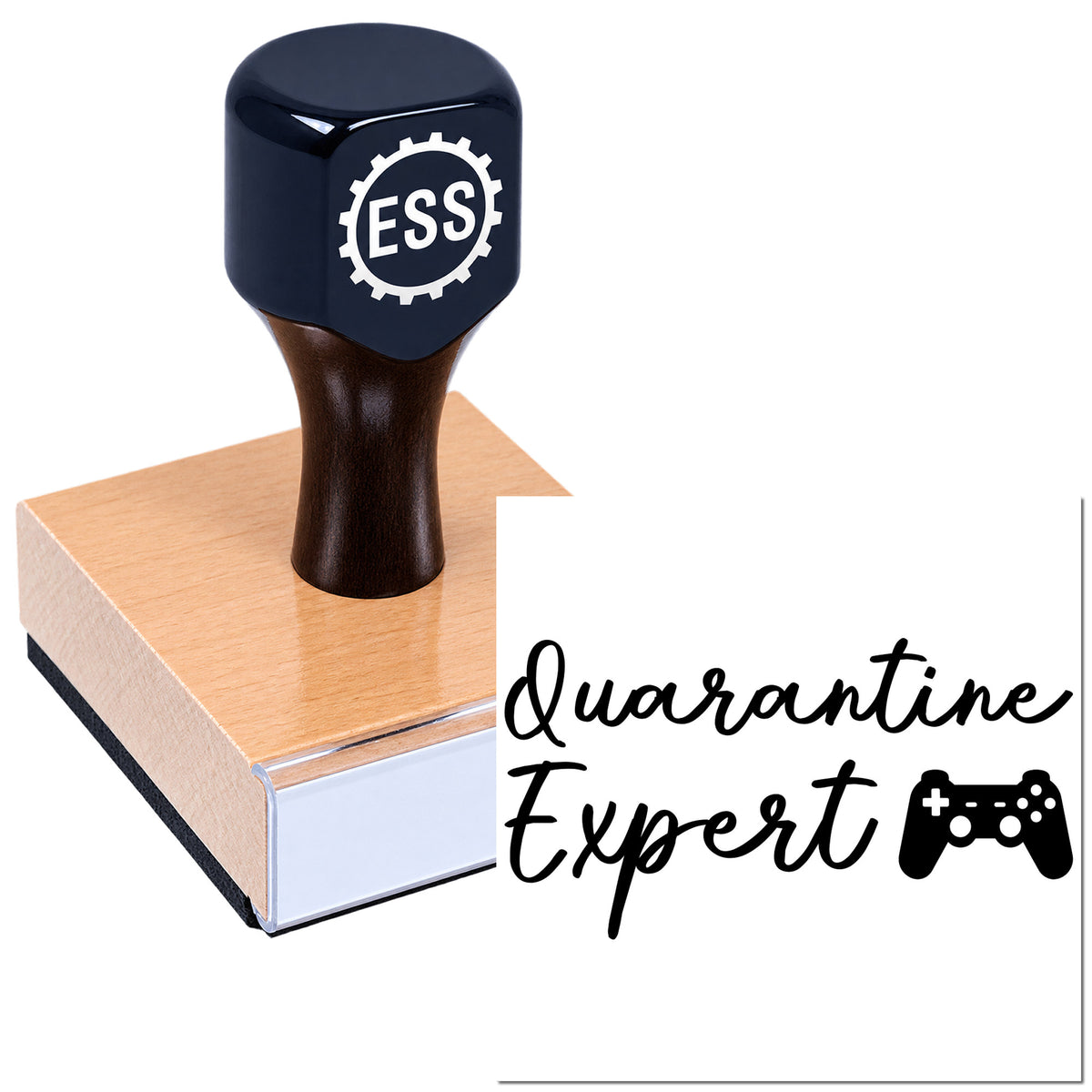 Black ESSI rubber stamp on copper block seal with "quarantine expert" text and game controller icon