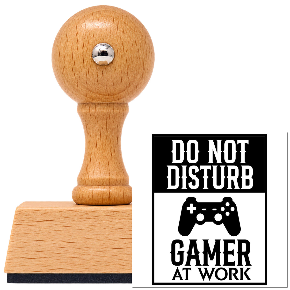 Vintage Pro beech wood stamp with a round knob handle, shown with its black Do Not Disturb Gamer Game Controller imprint on white.