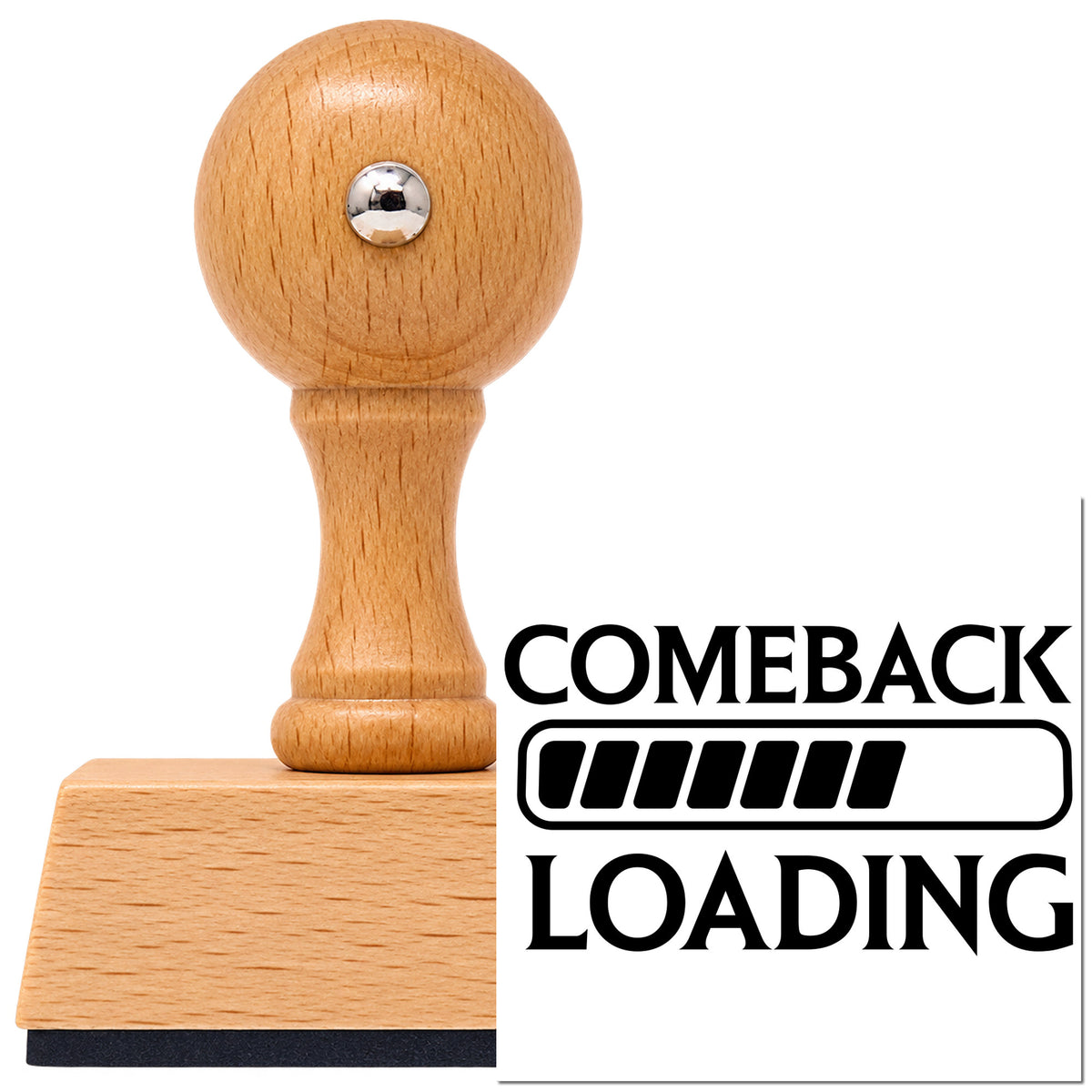 Vintage Pro beech wood stamp with a round knob handle, shown with its black Comeback Loading Progress Bar imprint on white.