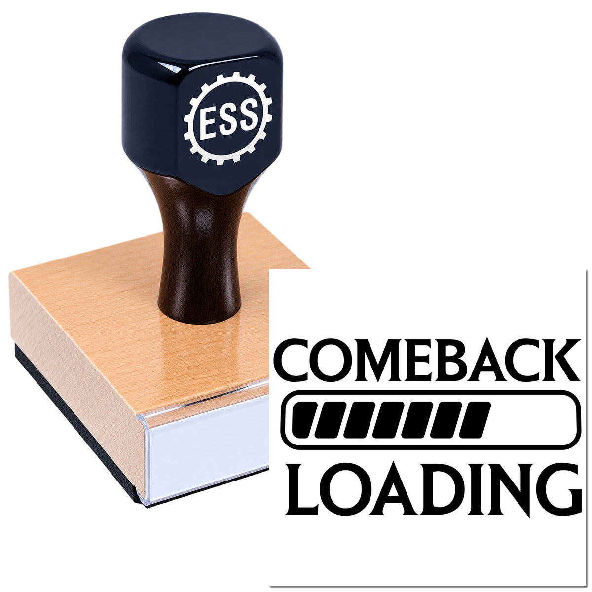 Black ESS self-inking stamp and seal on a copper-colored base with "COMEBACK LOADING" graphic
