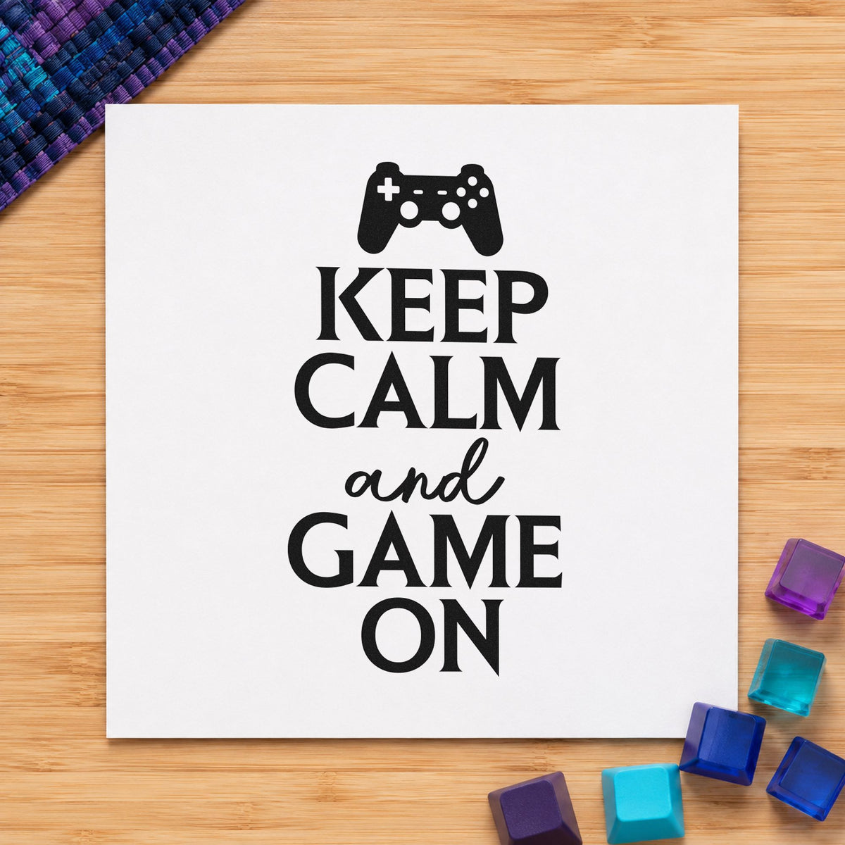 Keep Calm Game On rubber stamp printed in black ink, ready for party run sheet and similar paper crafts.