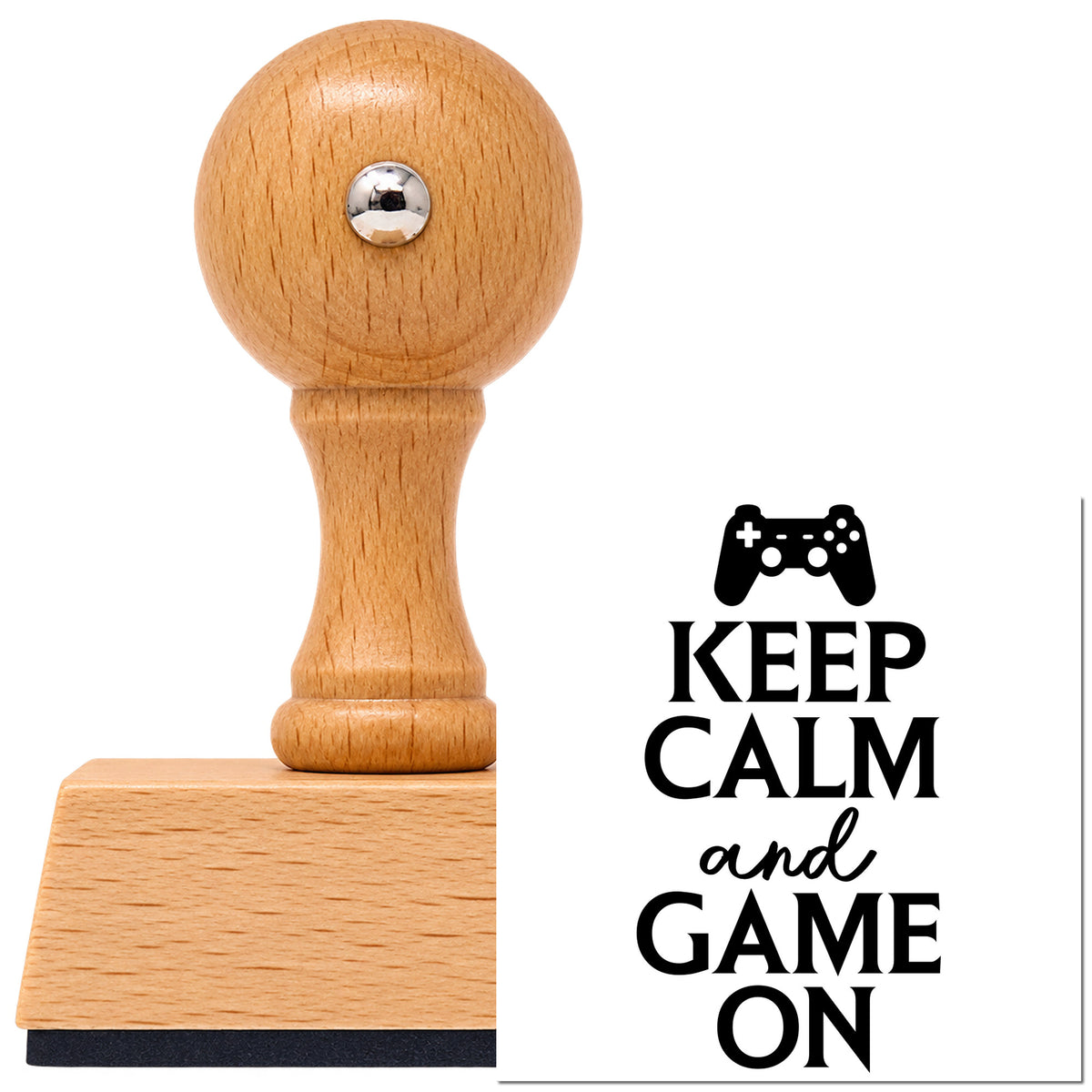 Vintage Pro beech wood stamp with a round knob handle, shown with its black Keep Calm Game On imprint on white.