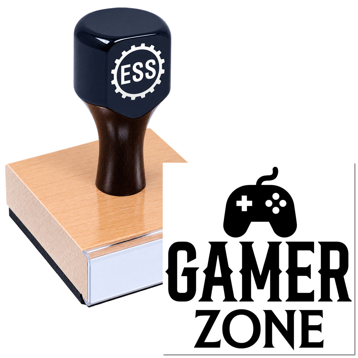 Dark blue custom seal stamp on copper block, with black Gamer Zone logo and controller icon.