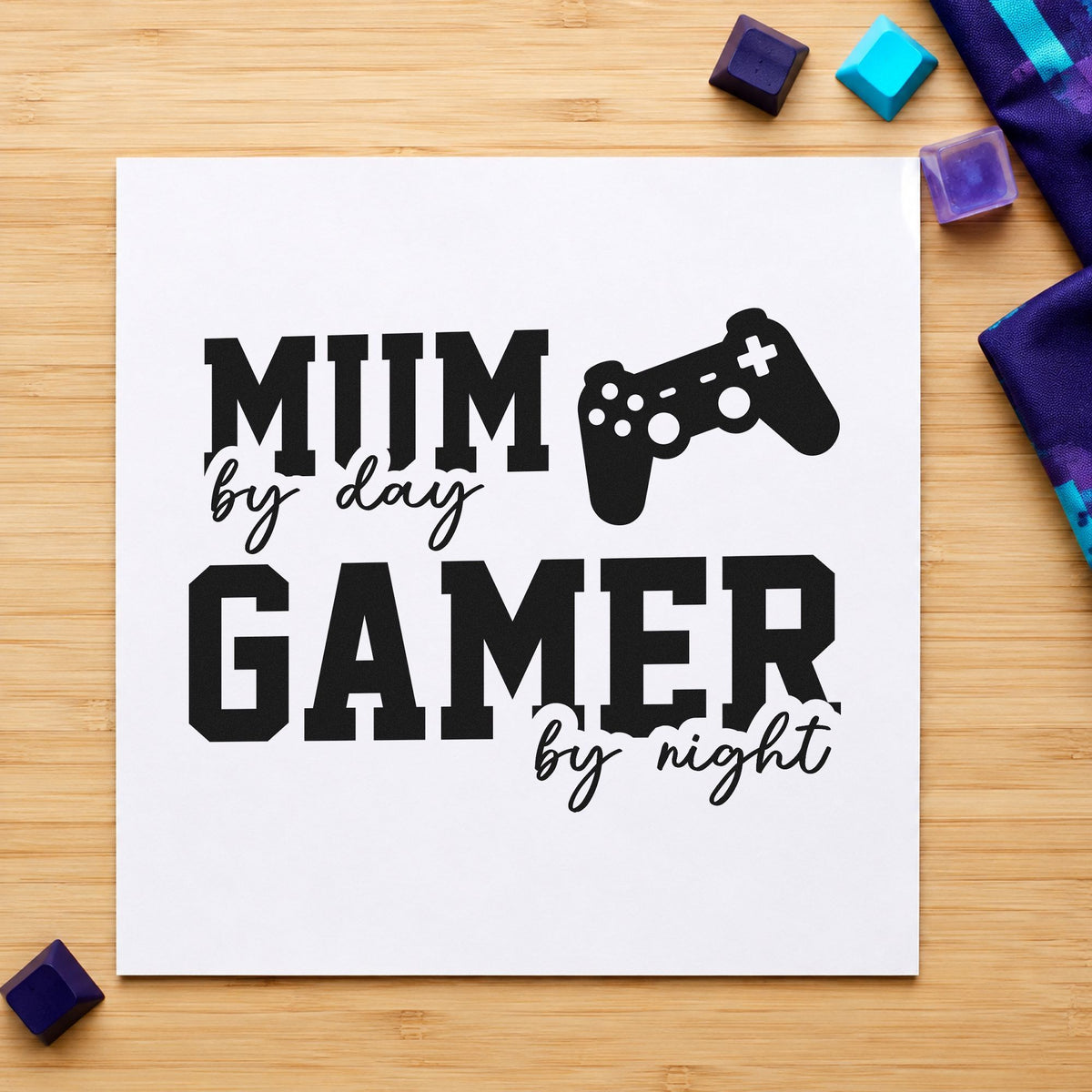 mom Day Gamer Night craft stamp imprint in black ink on a handmade project, one idea being setup gift tags.