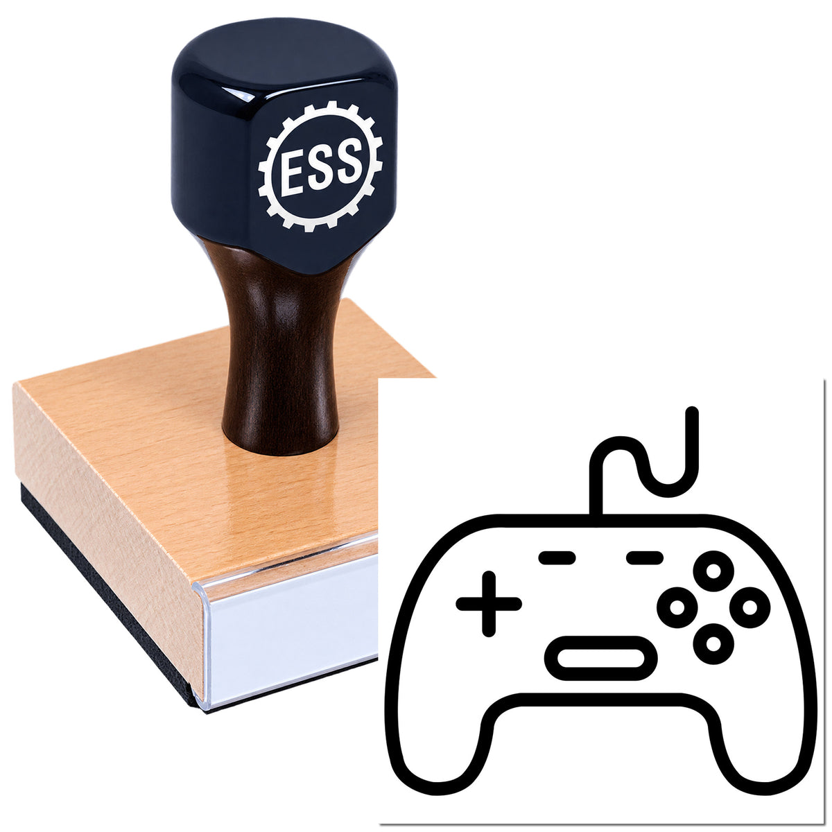 Black ESS rubber stamp seal with copper-colored base and matching seal icon on a white background