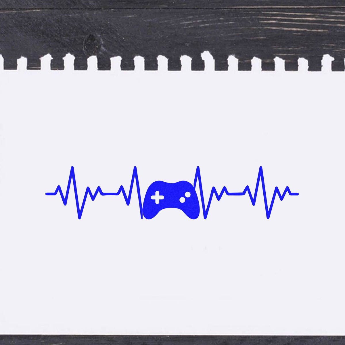 Blue game controller heartbeat stamp on white seal paper with black serrated edge.