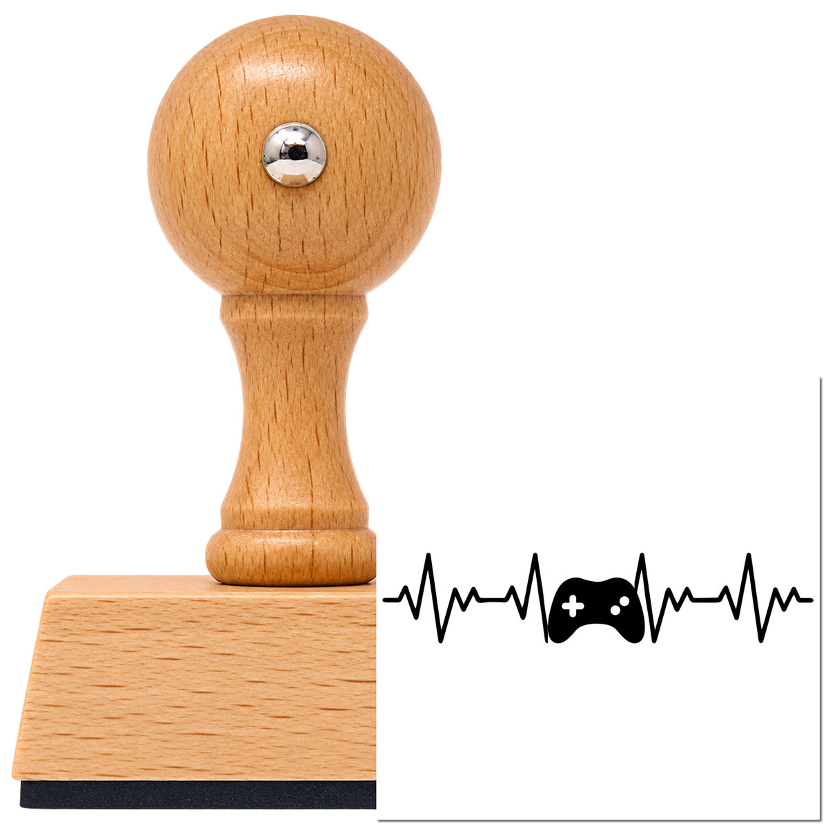 Vintage Pro beech wood stamp with a round knob handle, shown with its black Gamer Pulse With Controller imprint on white.