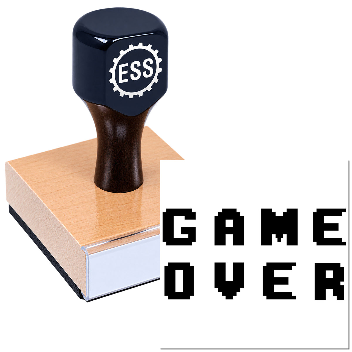 Black ESS stamp and seal on a wooden block with bold pixel-style "GAME OVER" text.