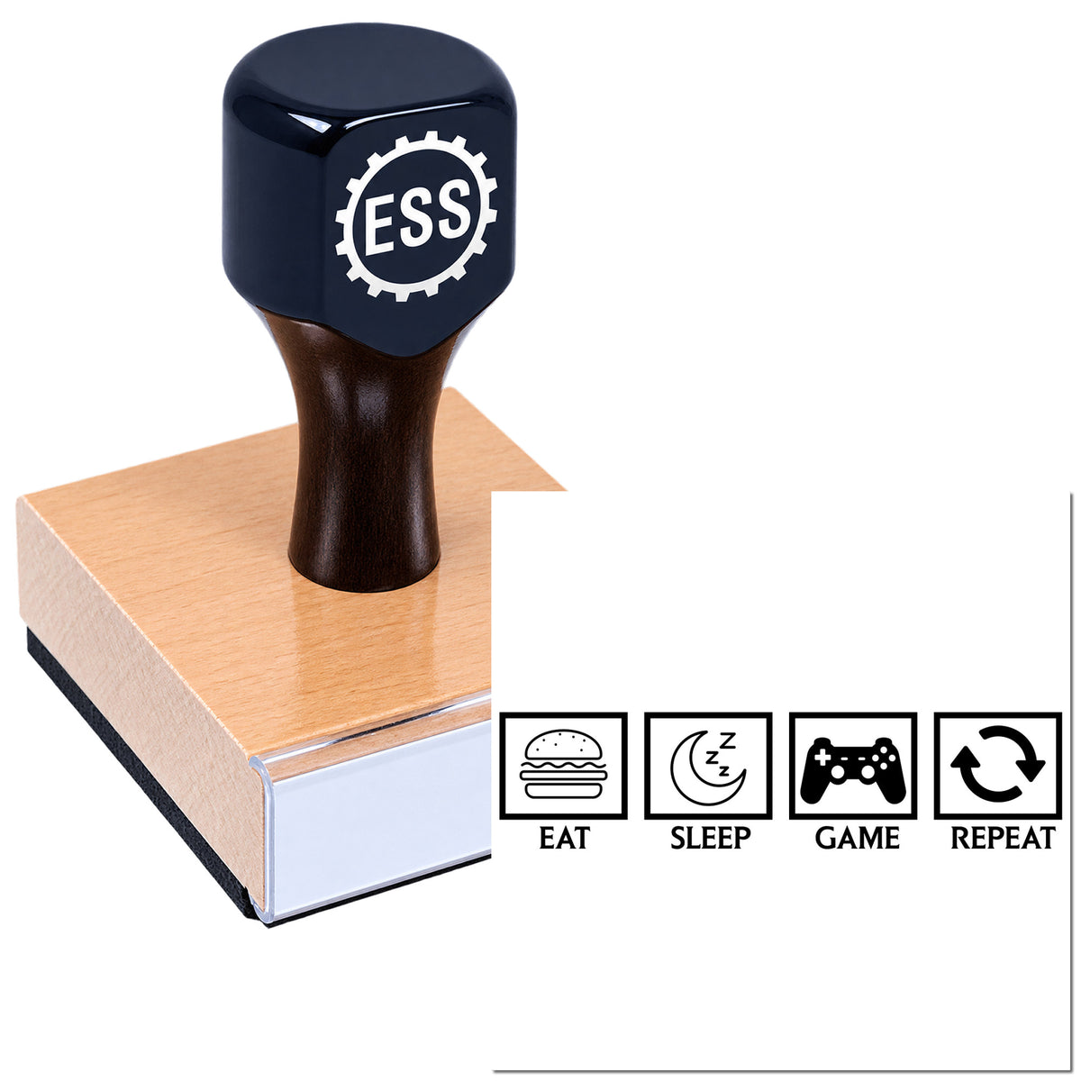 Black ESS stamp and seal on copper base with EAT, SLEEP, GAME, REPEAT icons in black.