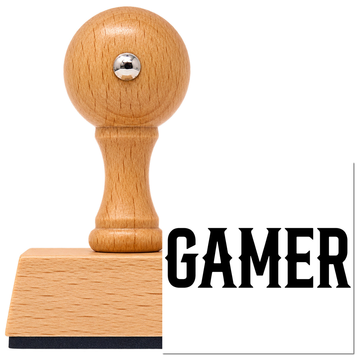 Vintage Pro beech wood stamp with a round knob handle, shown with its black Gamer Bold Slab Lettering imprint on white.