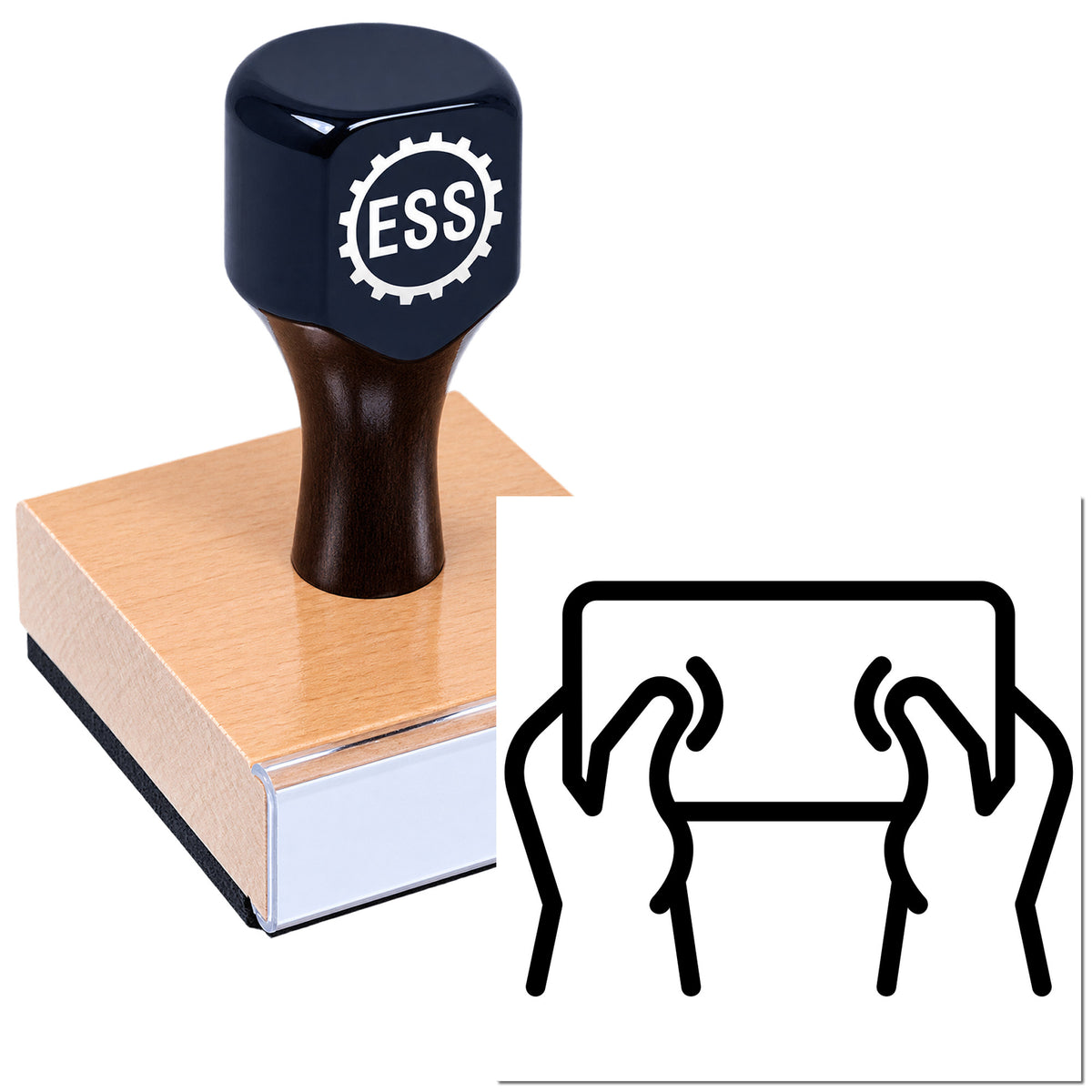 Black ESS stamp handle on a copper sealing block with a hands-holding-box seal icon