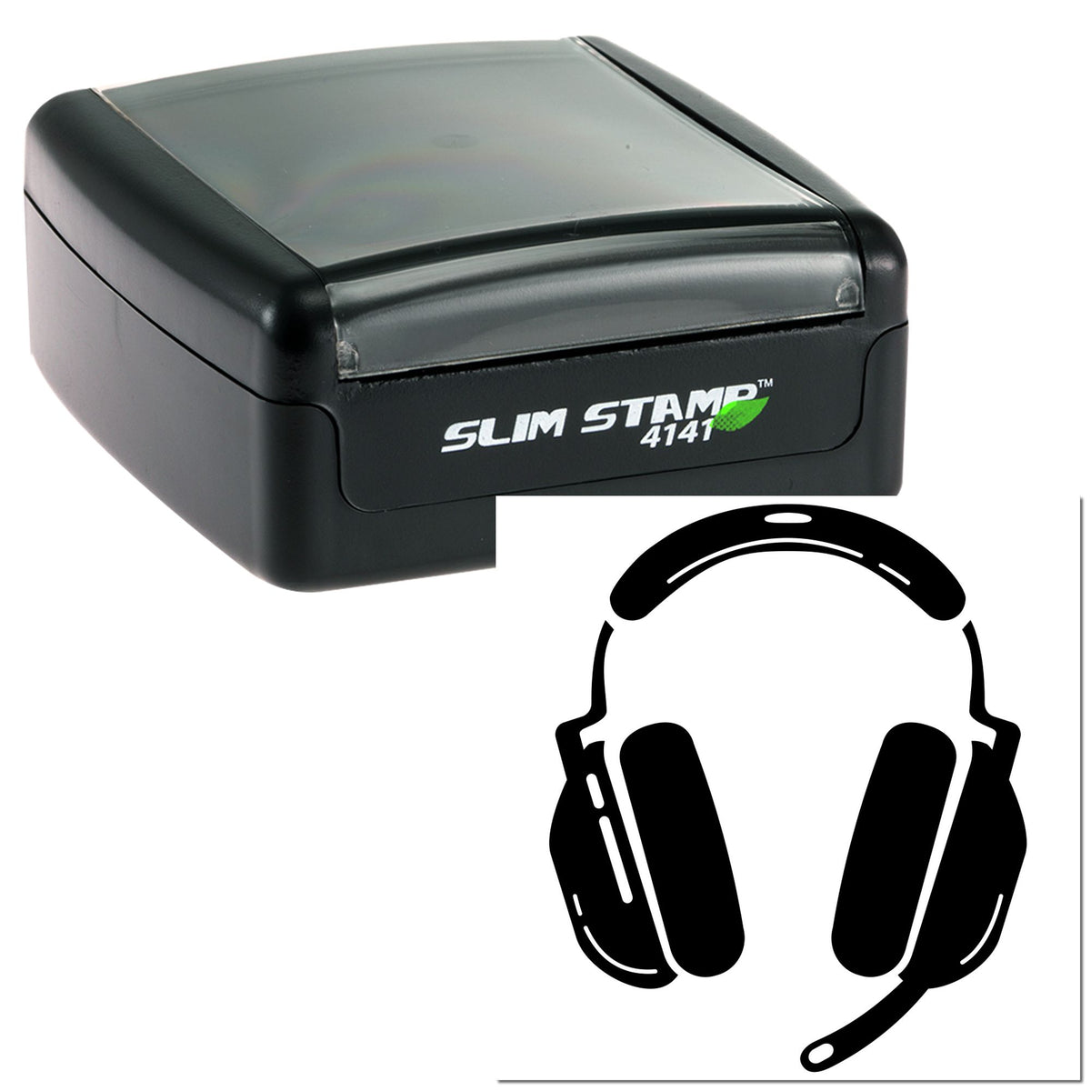 Trodat Slim Black Gaming Headset icon journaling craft stamp on white background, detailed image of the pre-inked rubber stamp.