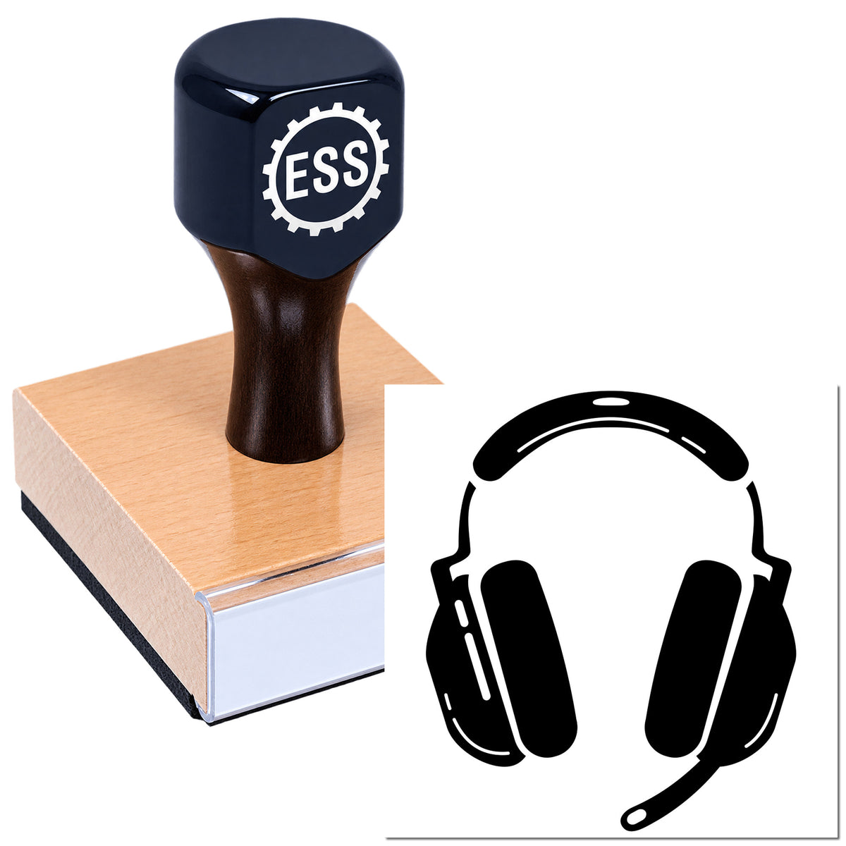 Black ESS stamp on a wooden block with a white-and-black headset seal icon.