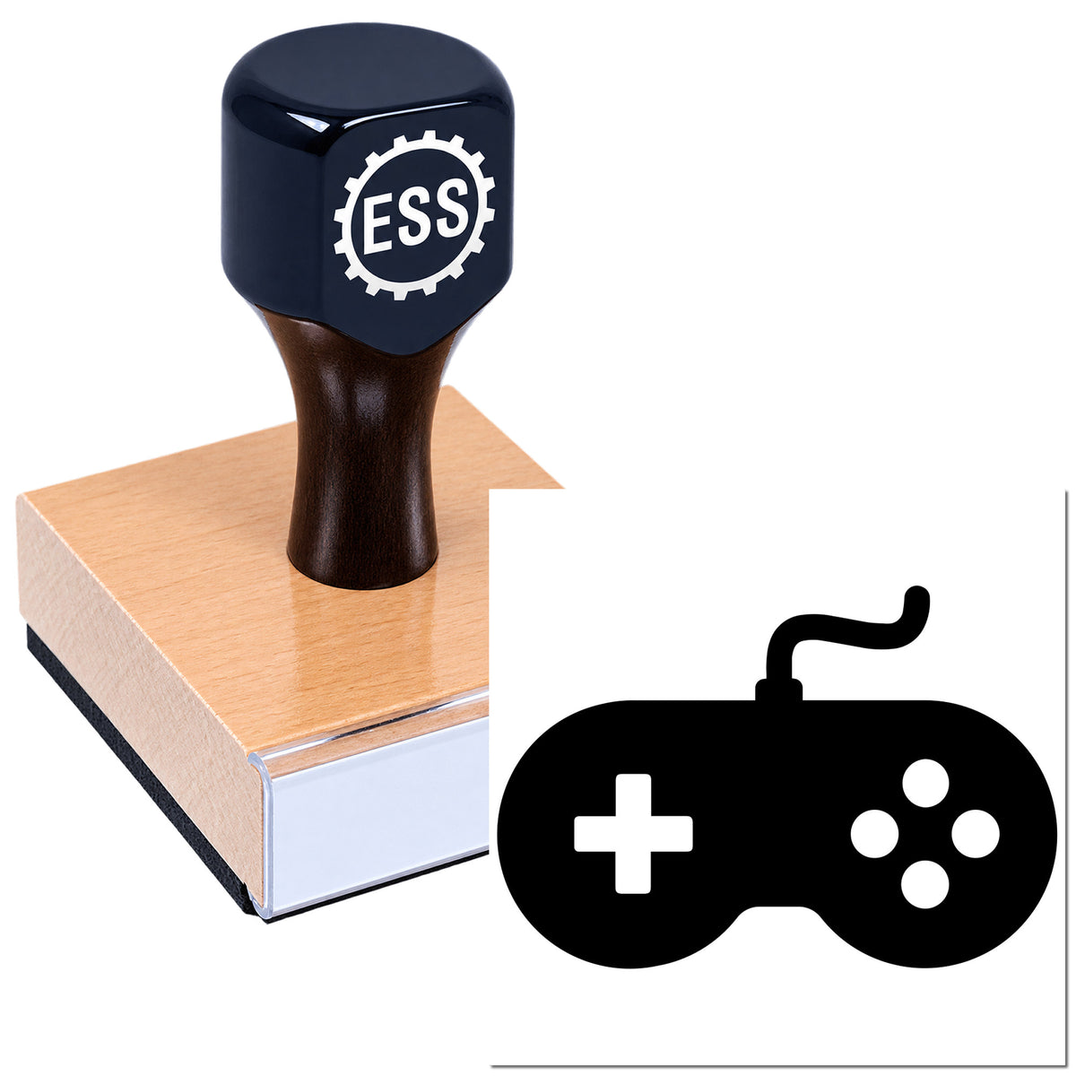 Dark navy ESS stamp on a copper seal plate, with a black game controller icon for custom stamp and seal products.
