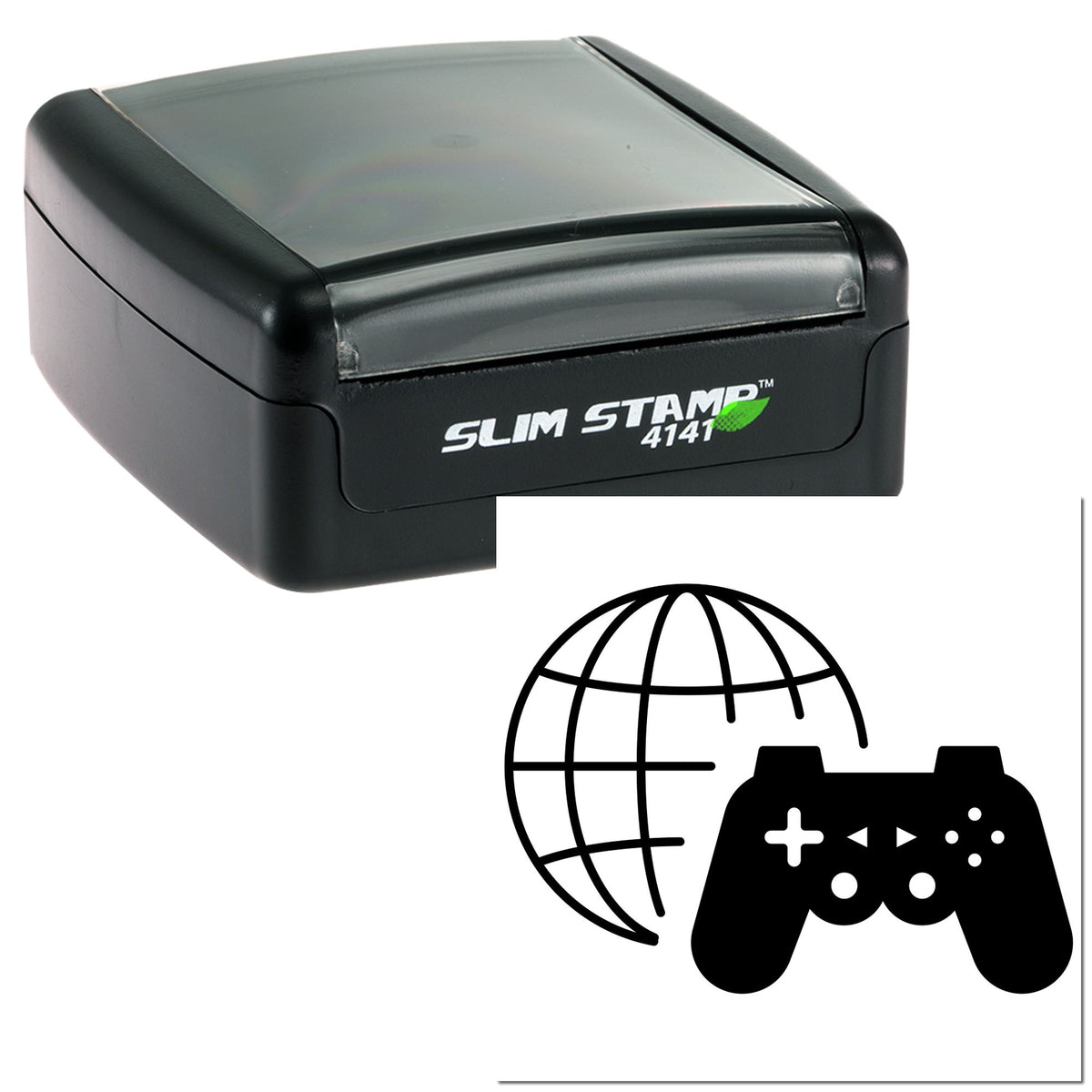Black Slim Stamp 4141 self-inking stamp and seal set with globe and game controller icon on white background