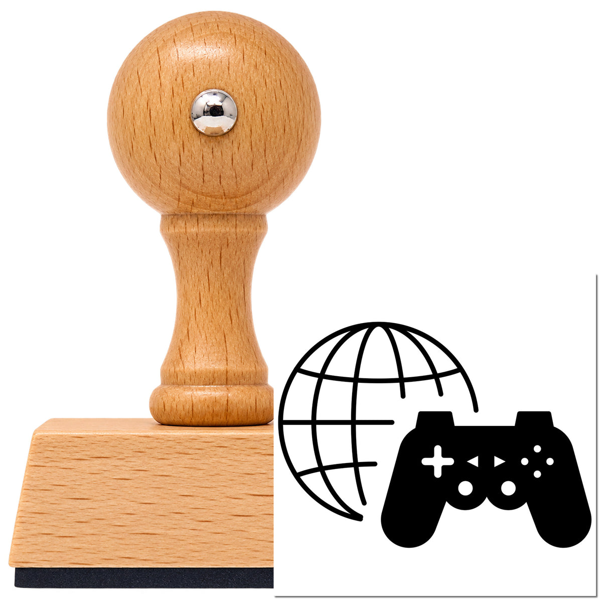 Vintage Pro beech wood stamp with a round knob handle, shown with its black Online Gaming Globe Controller imprint on white.