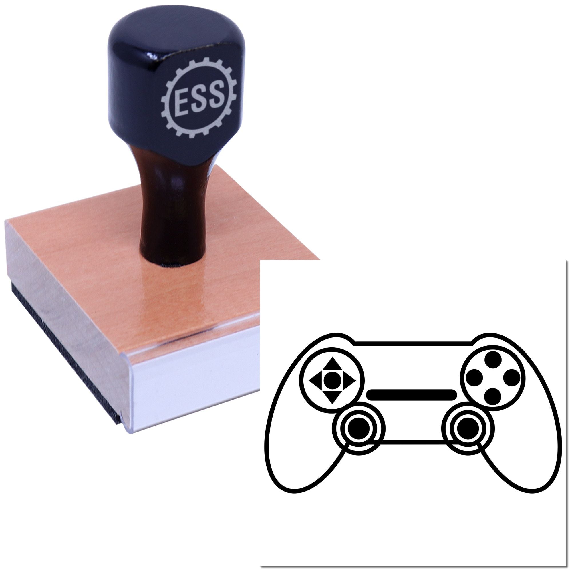 Black ESS rubber stamp on a wooden block beside a controller-style seal graphic on white background