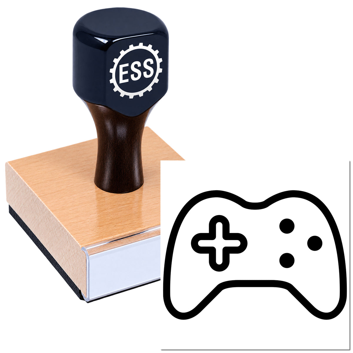 Black ESS custom stamp on copper-colored seal block, with game controller icon for stamp and seal products
