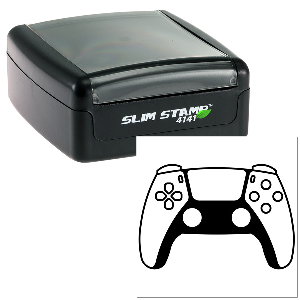 Black Slim Stamp 4141 self-inking stamp case with gray lid and custom seal die layout on white background.
