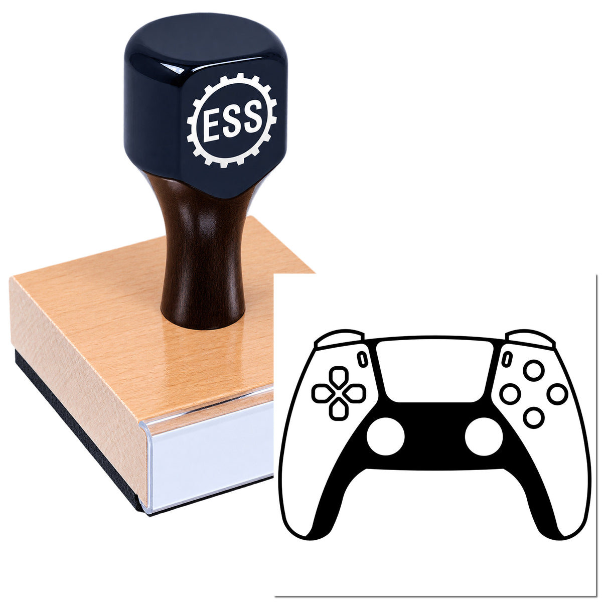 Black ESS gear seal stamp on a wooden base with copper-toned top and controller-style logo graphic.