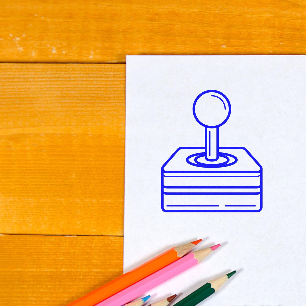 Blue stamp and seal icon on white paper, with colored pencils on a warm yellow wood background.