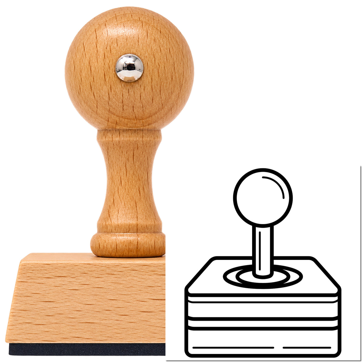 Vintage Pro beech wood stamp with a round knob handle, shown with its black Retro Joystick Layered Base Frame Accent imprint on white.