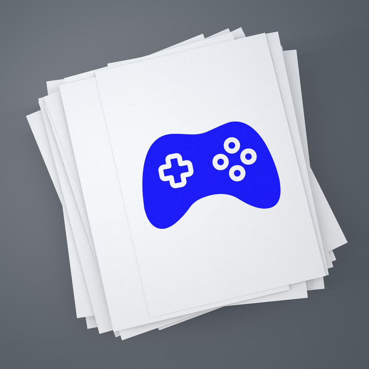 Stack of white stamp and seal sheets featuring a blue game controller icon on a gray background.
