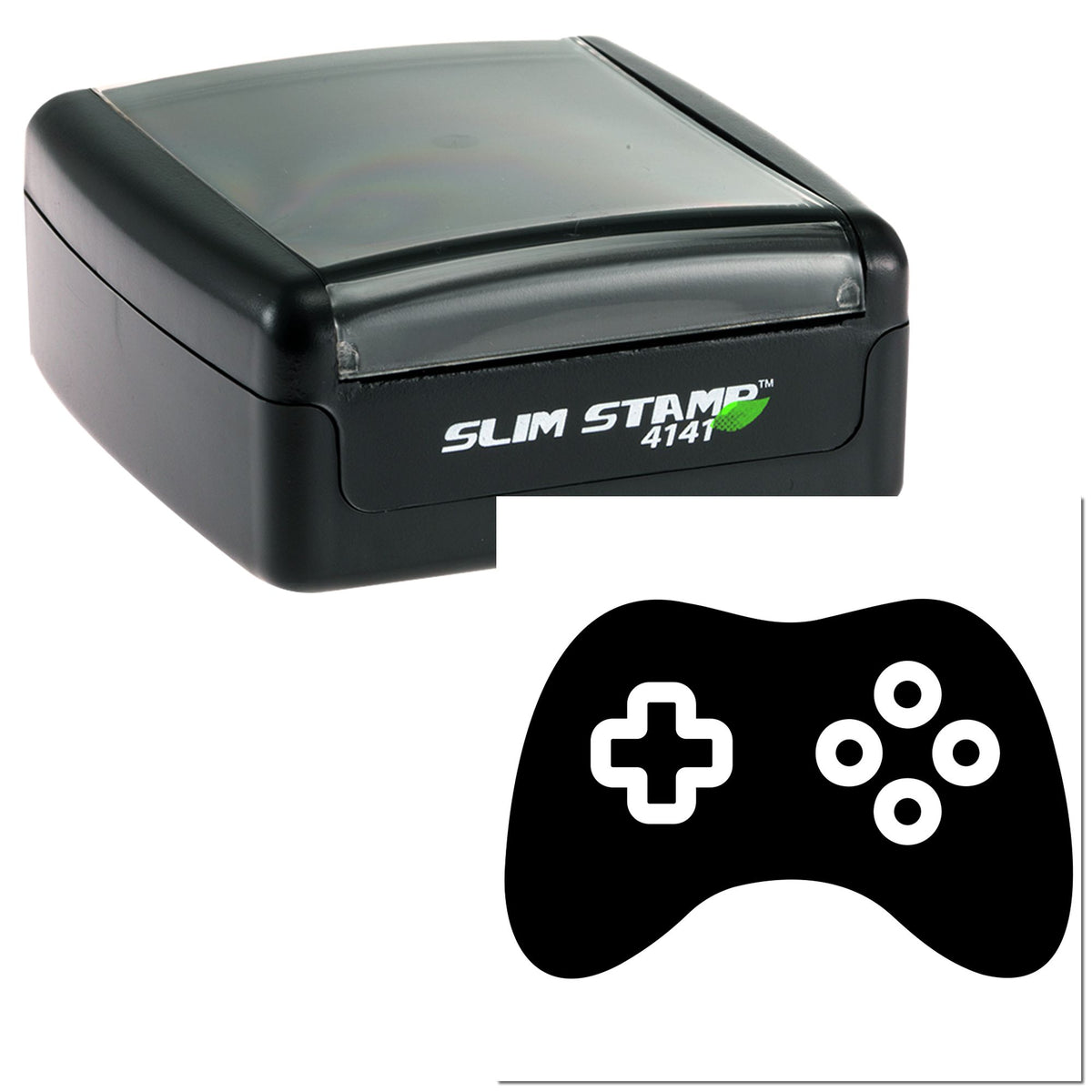 Black Slim Stamp 4141 self-inking stamp with translucent gray cover and game controller seal icon