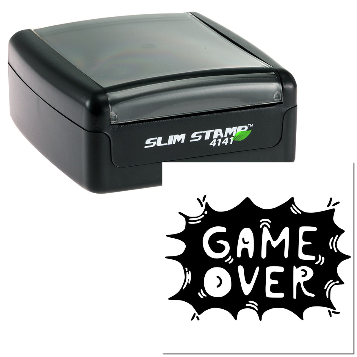 Black slim self-inking stamp with GAME OVER seal design and translucent gray cover.