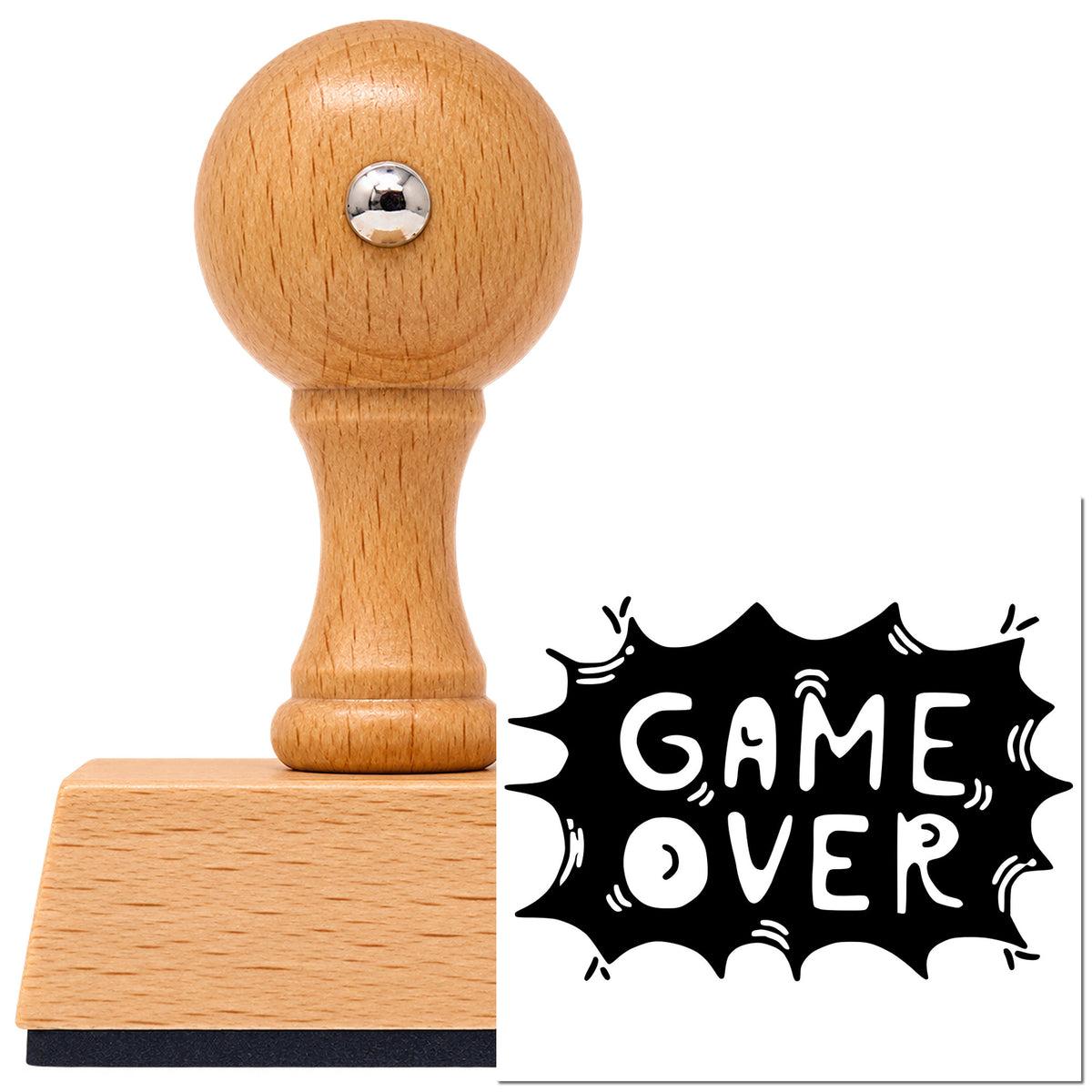 Vintage Pro beech wood stamp with a round knob handle, shown with its black Game Over Comic Burst imprint on white.