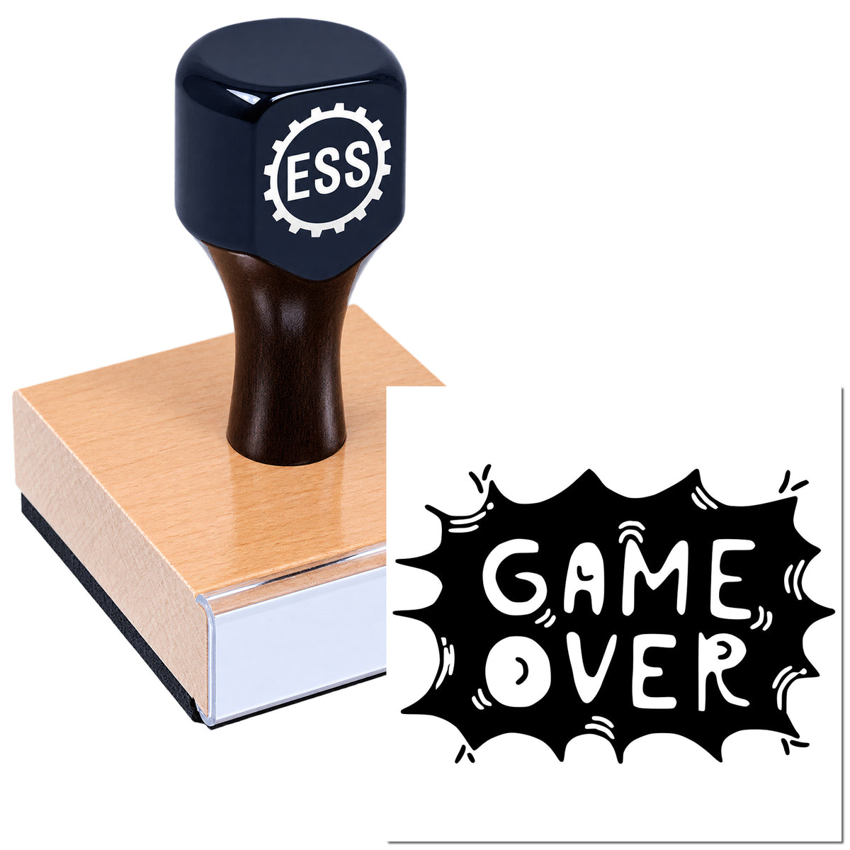 Dark blue ESS stamp and seal on pink base with black comic-style "GAME OVER" imprint.