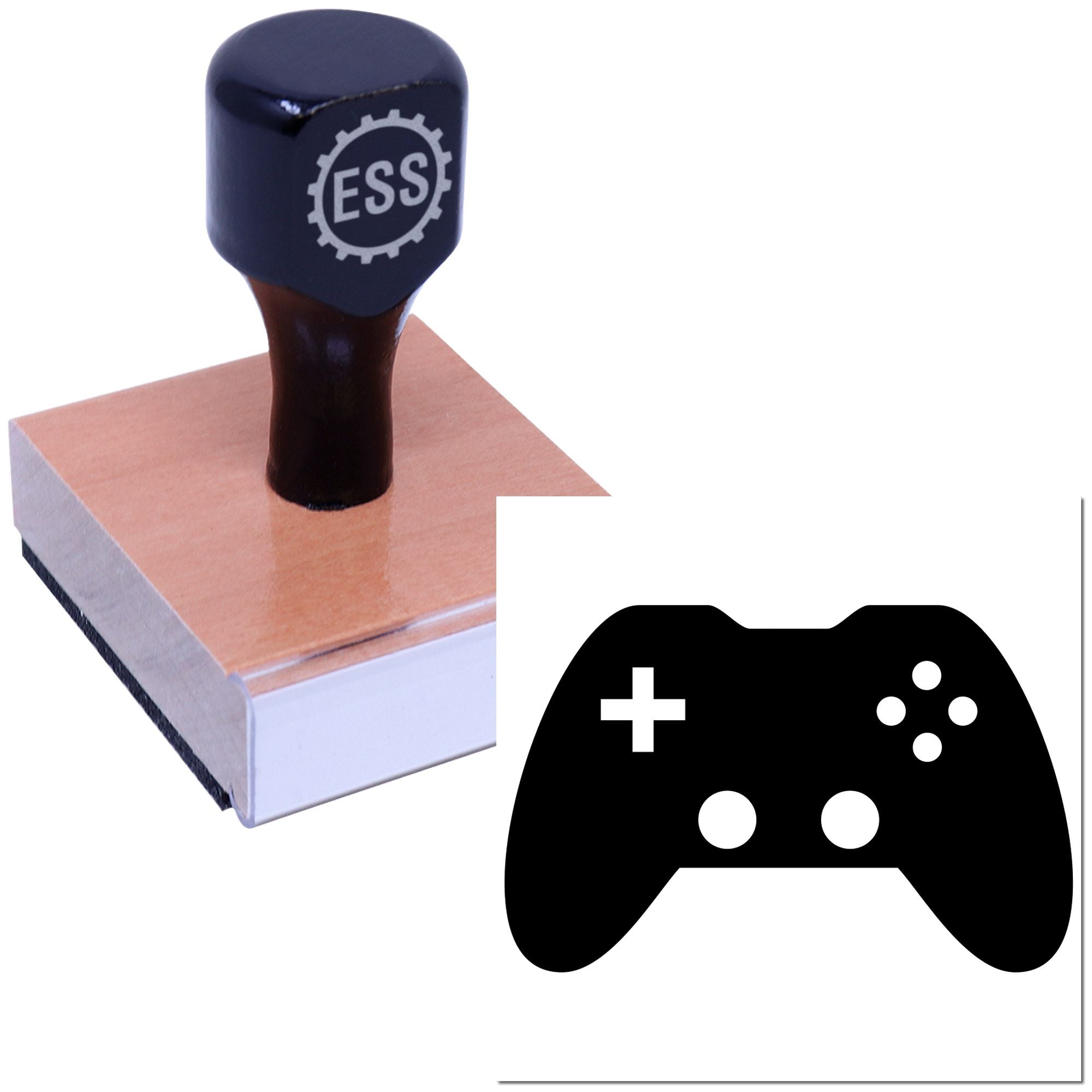 Blue ESS rubber stamp on copper plate with black game controller seal icon
