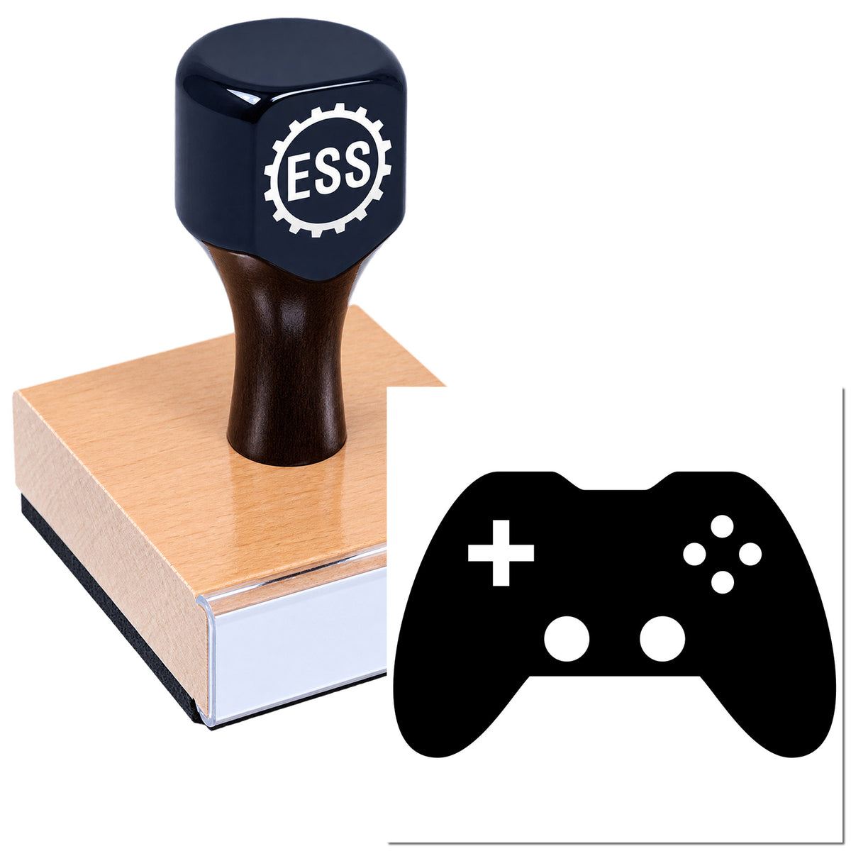 Blue ESS rubber stamp on copper plate with black game controller seal icon