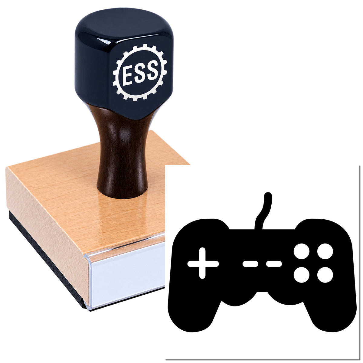 Black ESS rubber stamp with gear logo on copper-colored seal block, plus white game controller seal icon