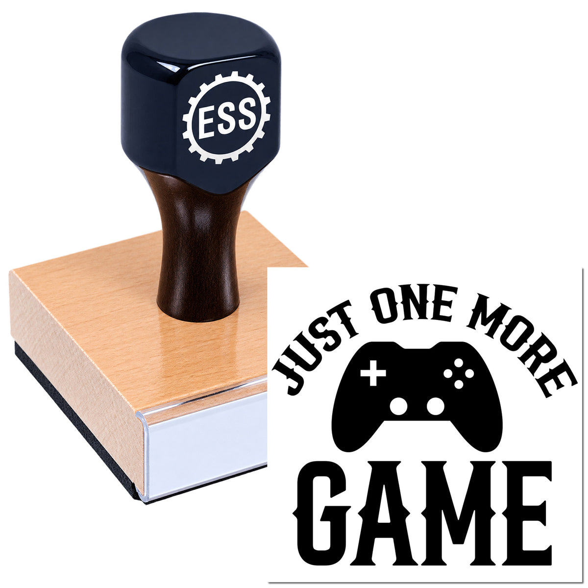 Black ESSS rubber stamp on a pink sealing block, with "Just One More Game" gamepad seal graphic.