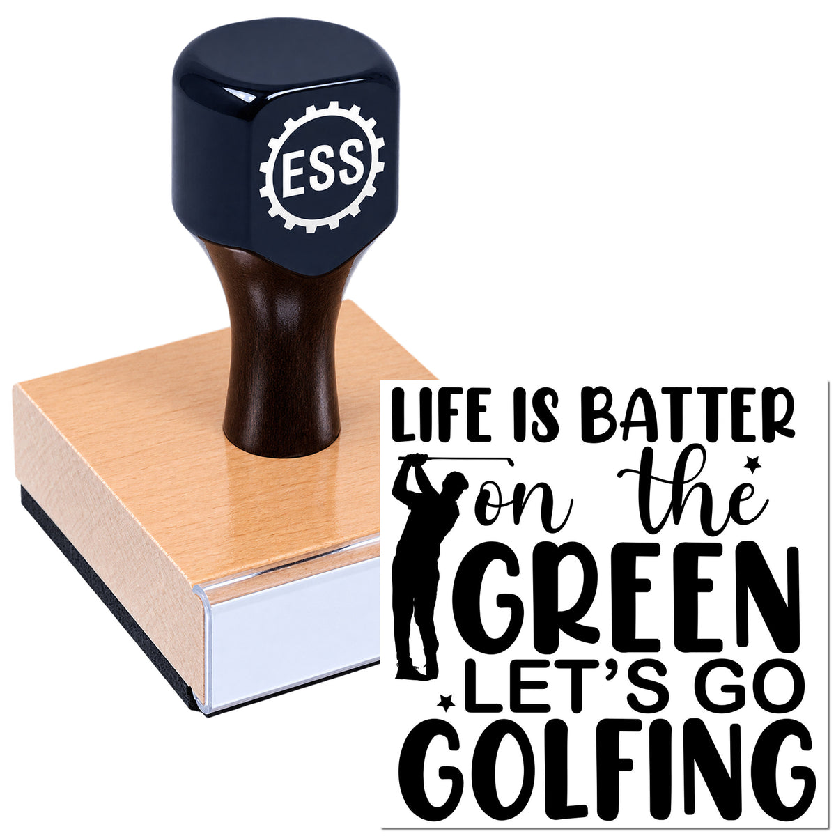 Black ESS custom stamp on pink seal block with "Life is better on the green, let's go golfing" golf design.