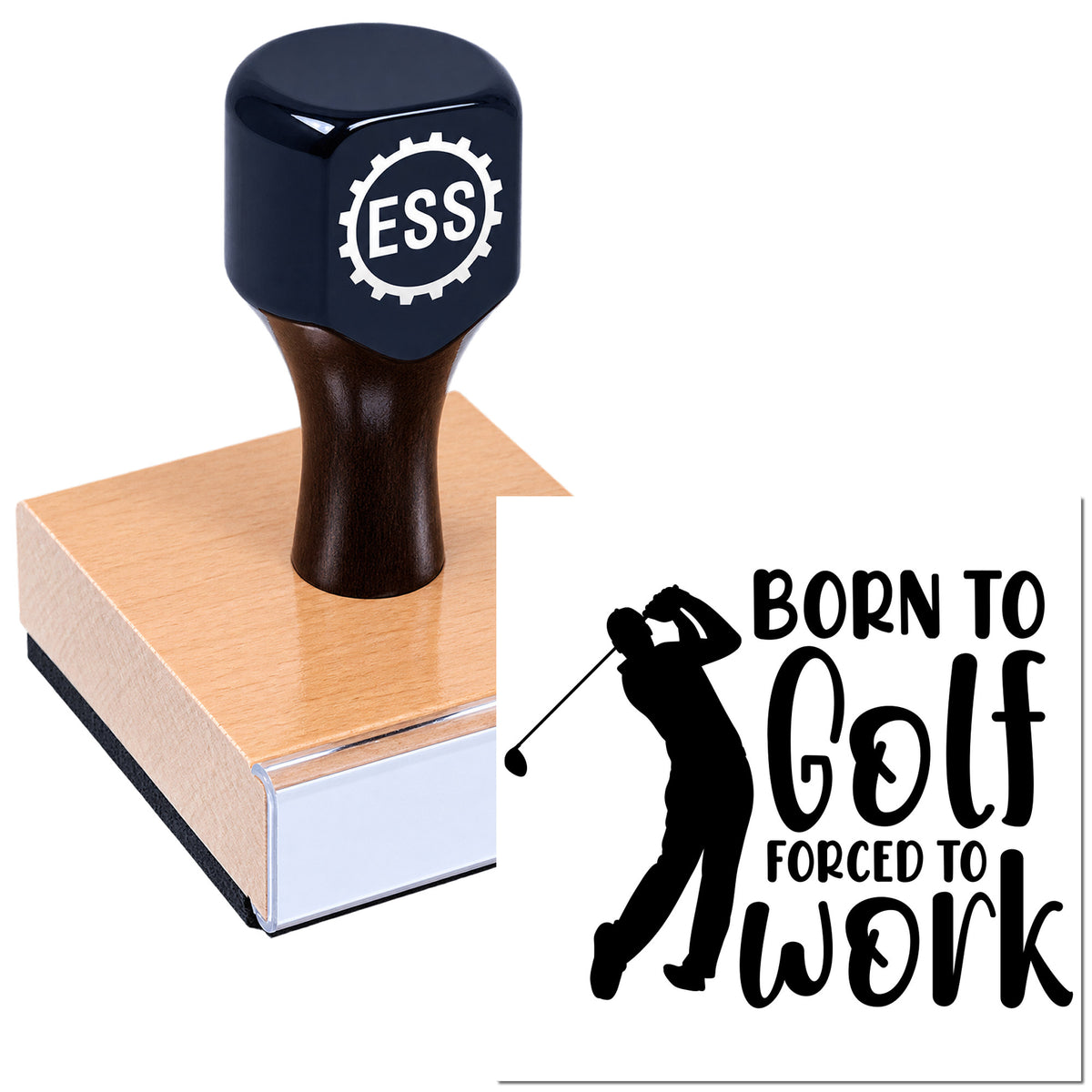 Dark blue ESS custom stamp seal on a wooden block, featuring a Born to Golf, Forced to Work golfer design.