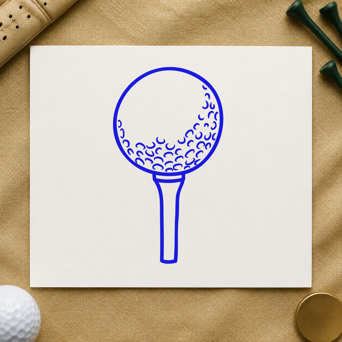 Golf Ball On Tee craft stamp in blue ink on cardstock, an easy option for range mat printing.