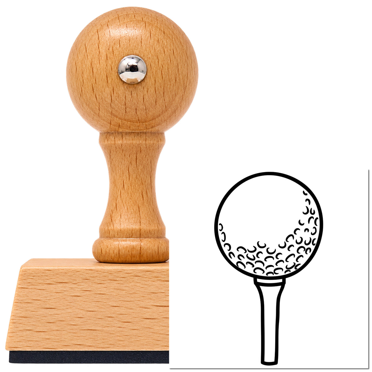 Vintage Pro beech wood stamp with a round knob handle, shown with its black Golf Ball On Tee imprint on white.