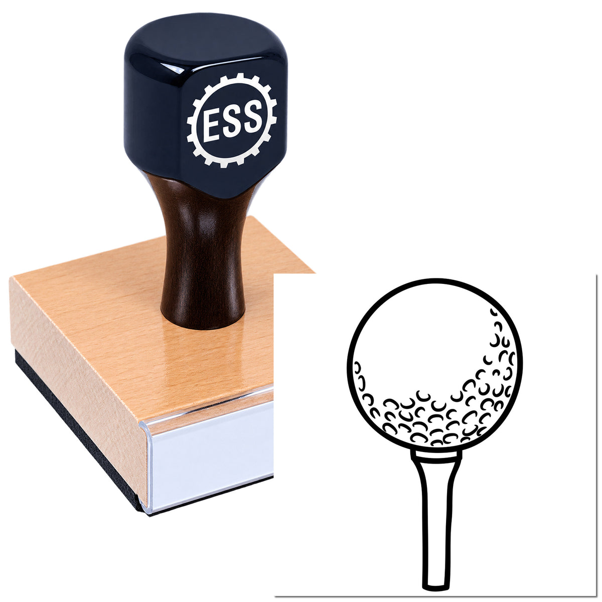 Black ESS rubber stamp on pink wooden block with round seal design illustration and handle on white background