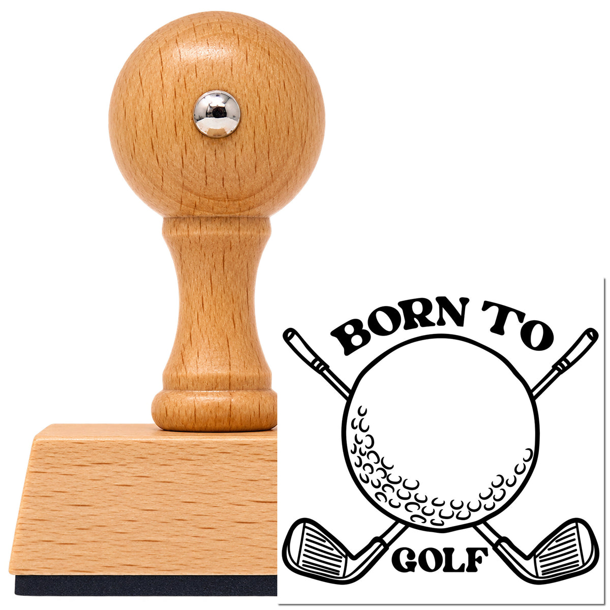 Vintage Pro beech wood stamp with a round knob handle, shown with its black Born To Golf Crossed Club Lettering imprint on white.