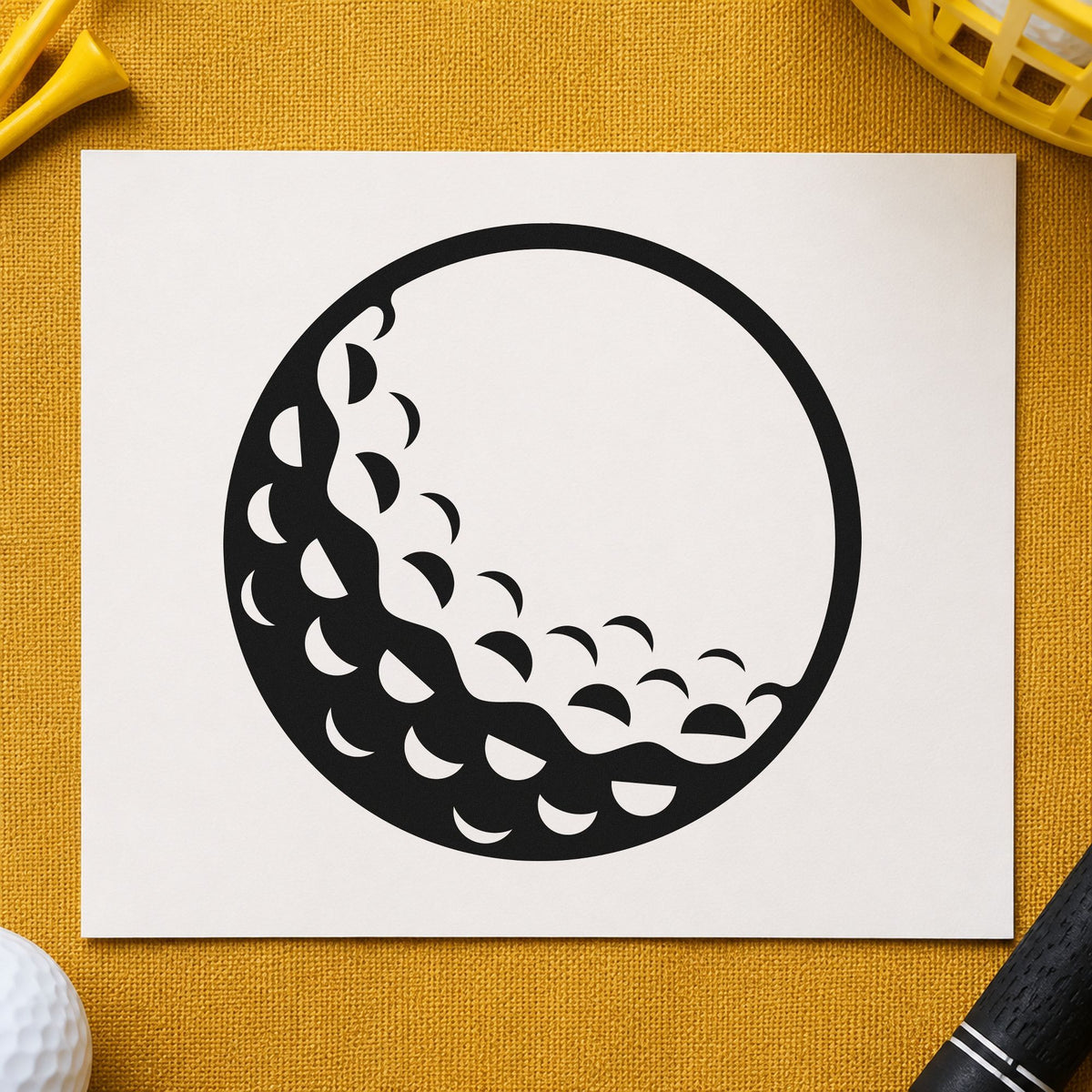 Large Shaded Golf Ball craft stamp imprint in black ink on a handmade project, one idea being prize gift tags.