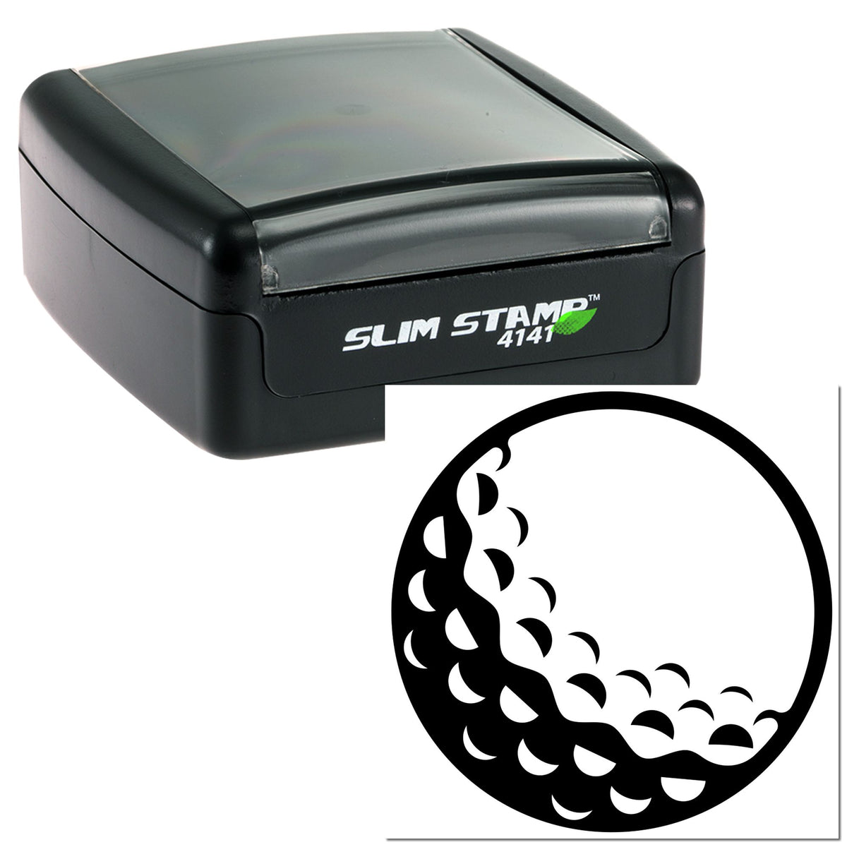 Black slim self-inking stamp and circular seal with gray lid, featuring a clean black-and-white design.