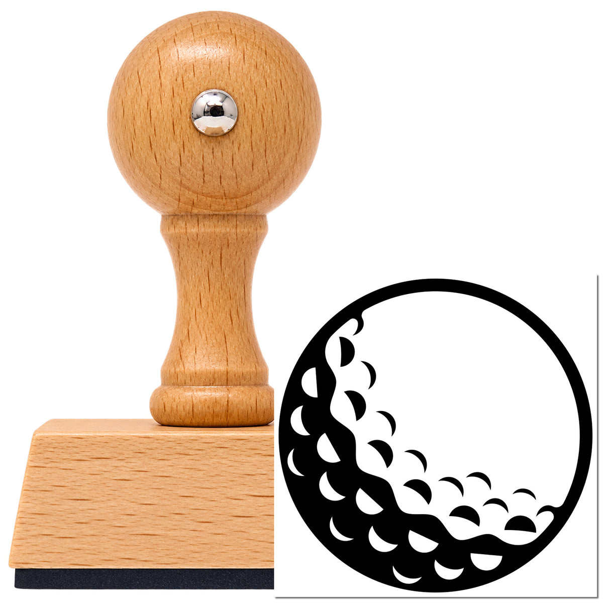 Vintage Pro beech wood stamp with a round knob handle, shown with its black Shaded Golf Ball Circular Layout imprint on white.