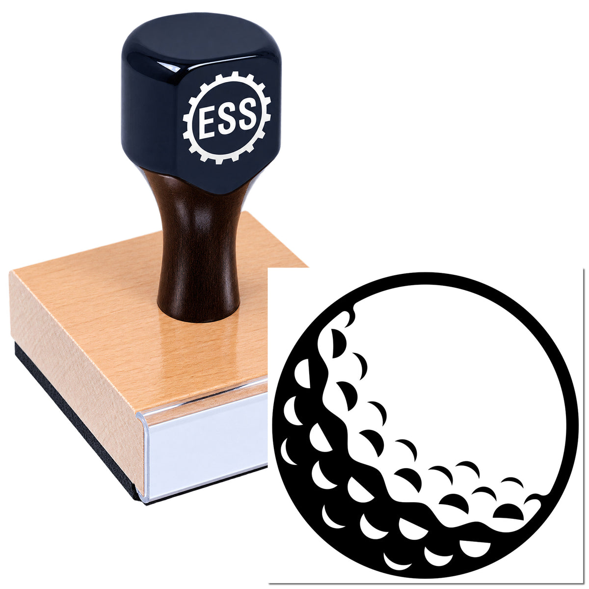 Dark blue ESSI stamp on a wooden base with a black circular decorative seal design on white background.