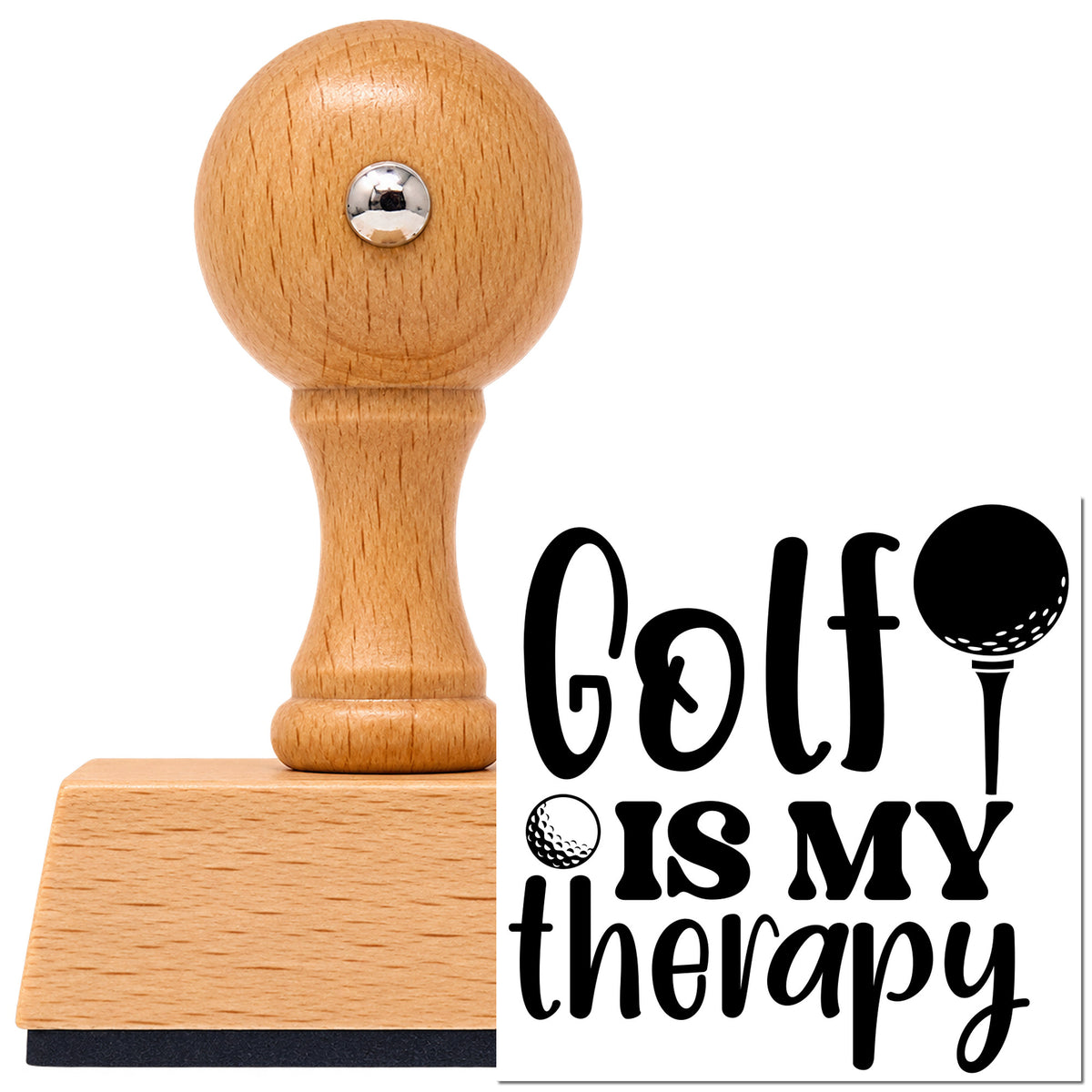 Vintage Pro beech wood stamp with a round knob handle, shown with its black Golf Therapy Tee And Ball Lettering imprint on white.
