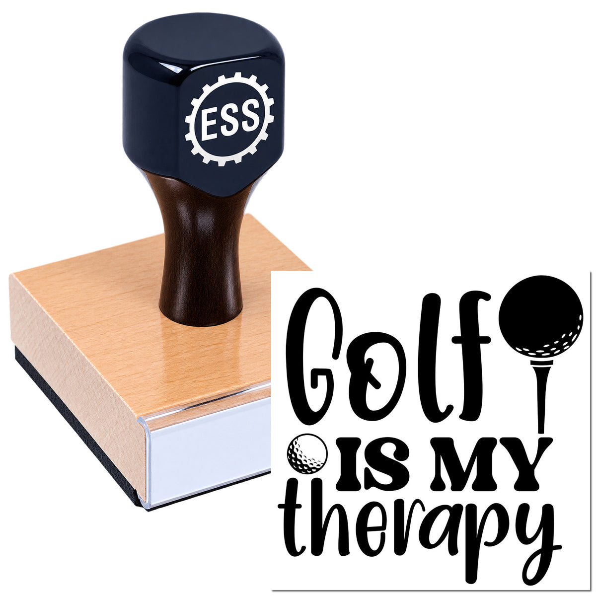 Black ESSI golf stamp and seal with copper base, wooden handle, and bold "Golf is my therapy" golf-ball design.