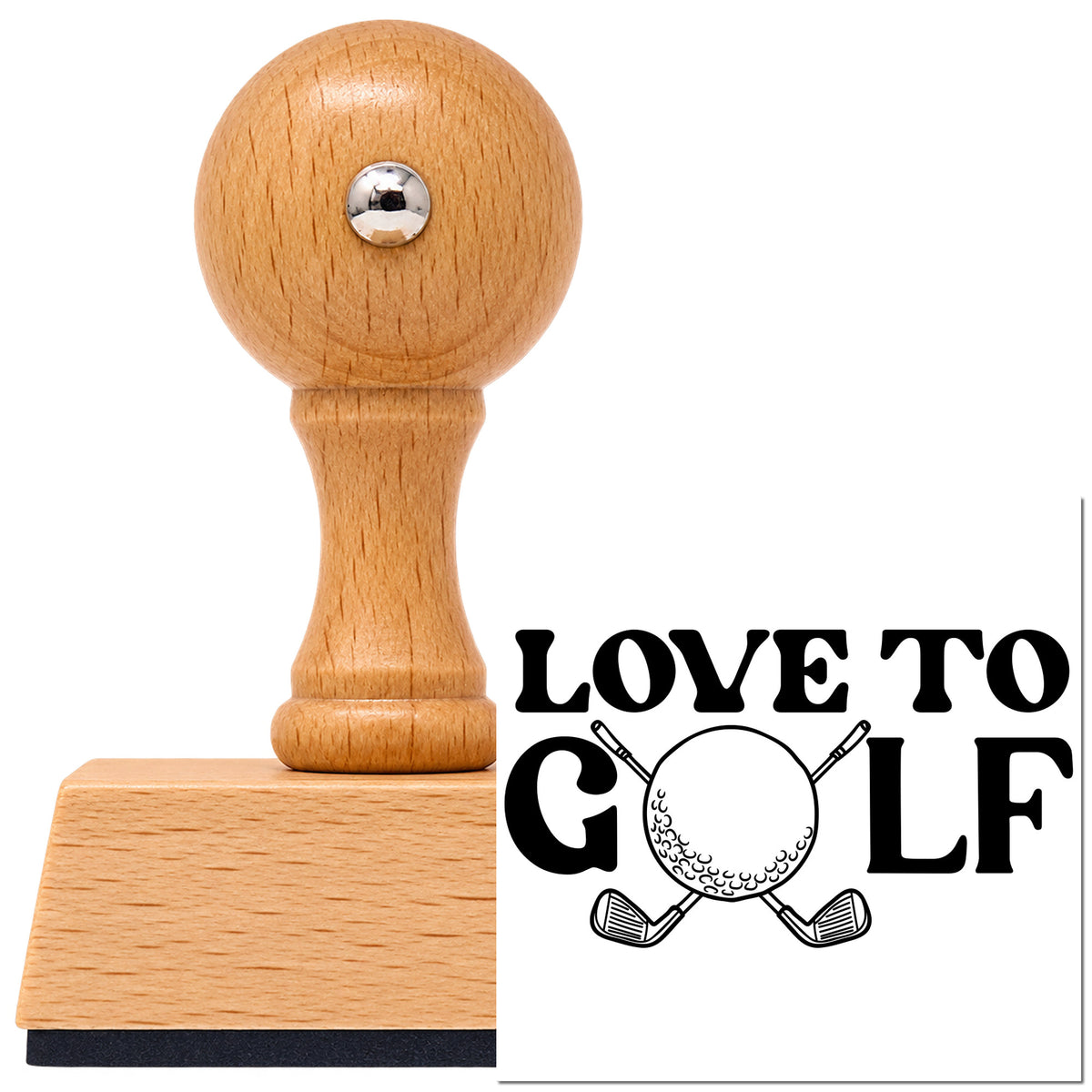 Vintage Pro beech wood stamp with a round knob handle, shown with its black Love To Golf Clubs imprint on white.